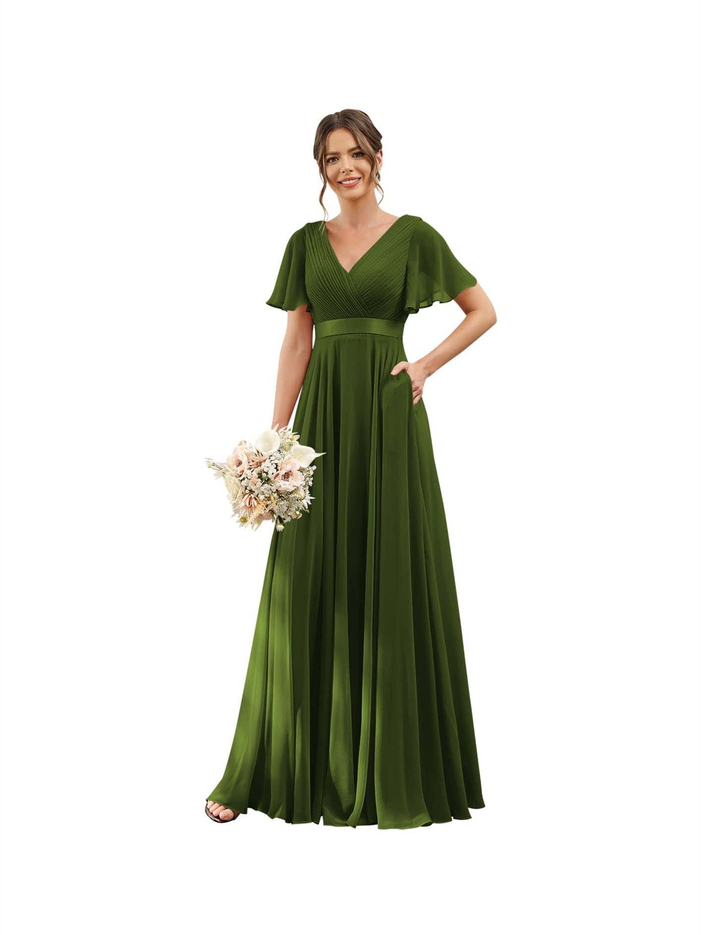 Floor-Length Chiffon Bridesmaid Dresses with V Neck, Flutter Sleeves, and Pockets in A-Line Ruched Design-BMbridal.UK
