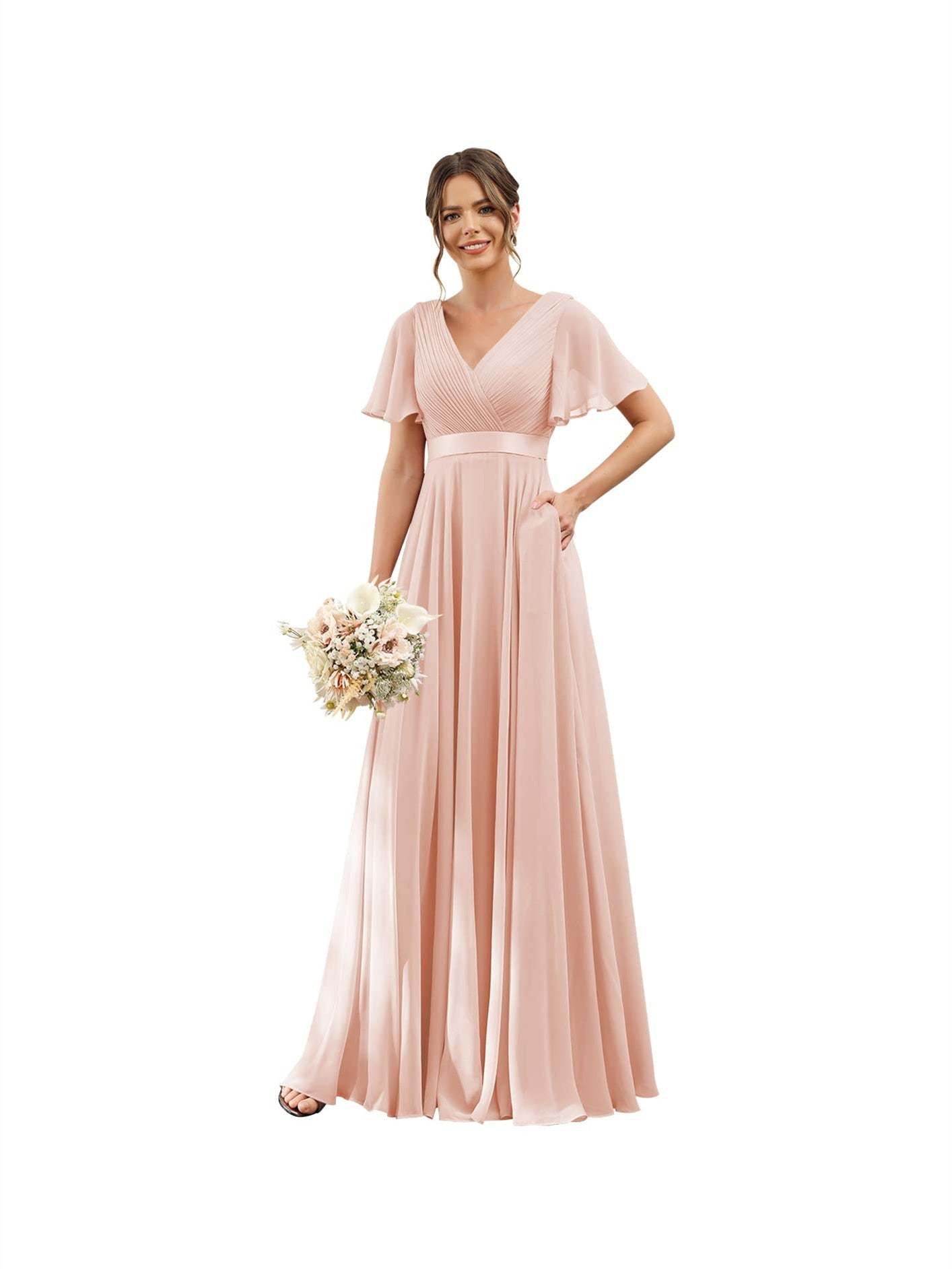 Floor-Length Chiffon Bridesmaid Dresses with V Neck, Flutter Sleeves, and Pockets in A-Line Ruched Design-BMbridal.UK