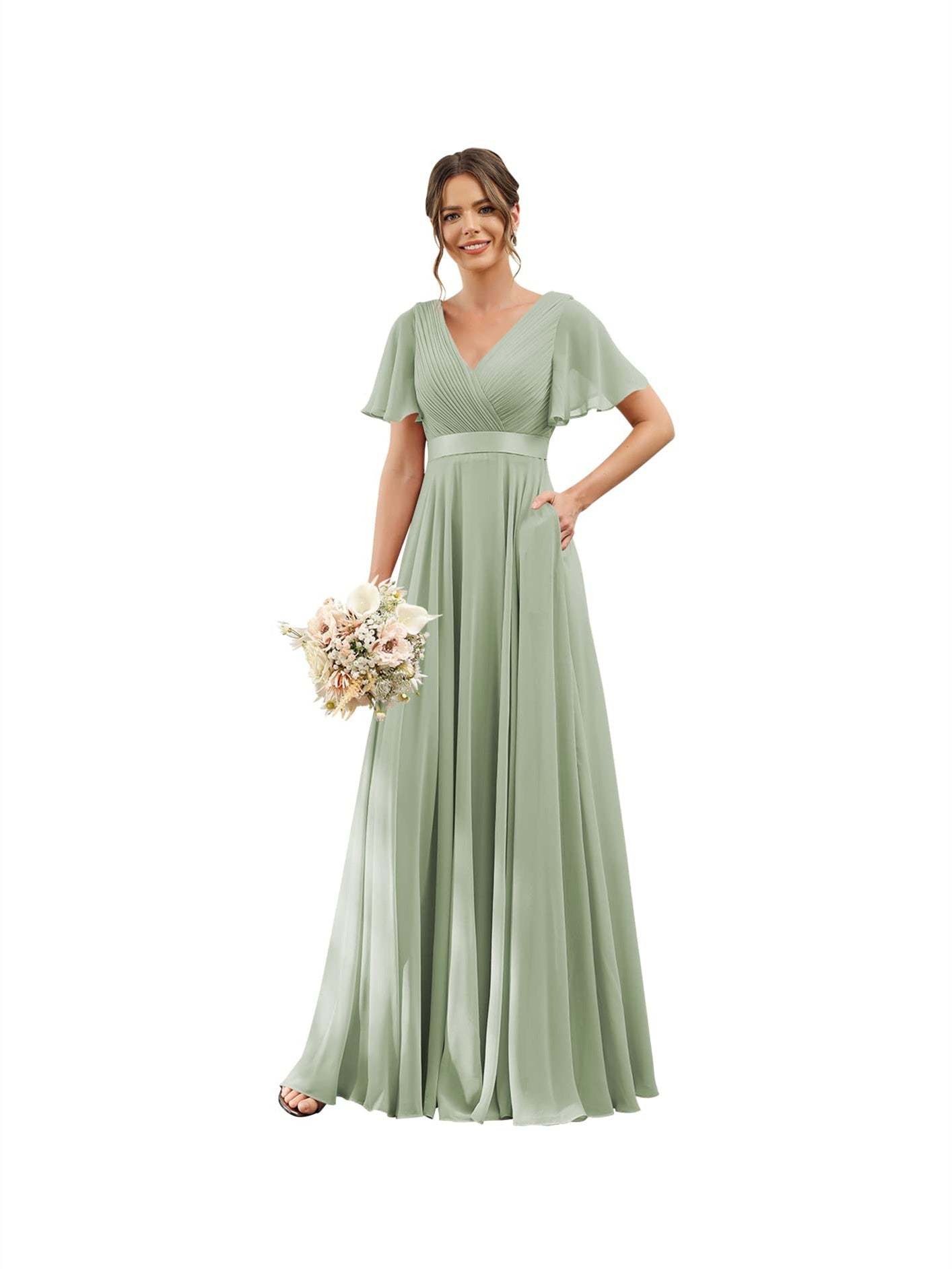 Floor-Length Chiffon Bridesmaid Dresses with V Neck, Flutter Sleeves, and Pockets in A-Line Ruched Design-BMbridal.UK
