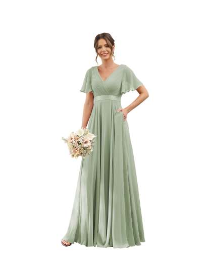 Floor-Length Chiffon Bridesmaid Dresses with V Neck, Flutter Sleeves, and Pockets in A-Line Ruched Design-BMbridal.UK