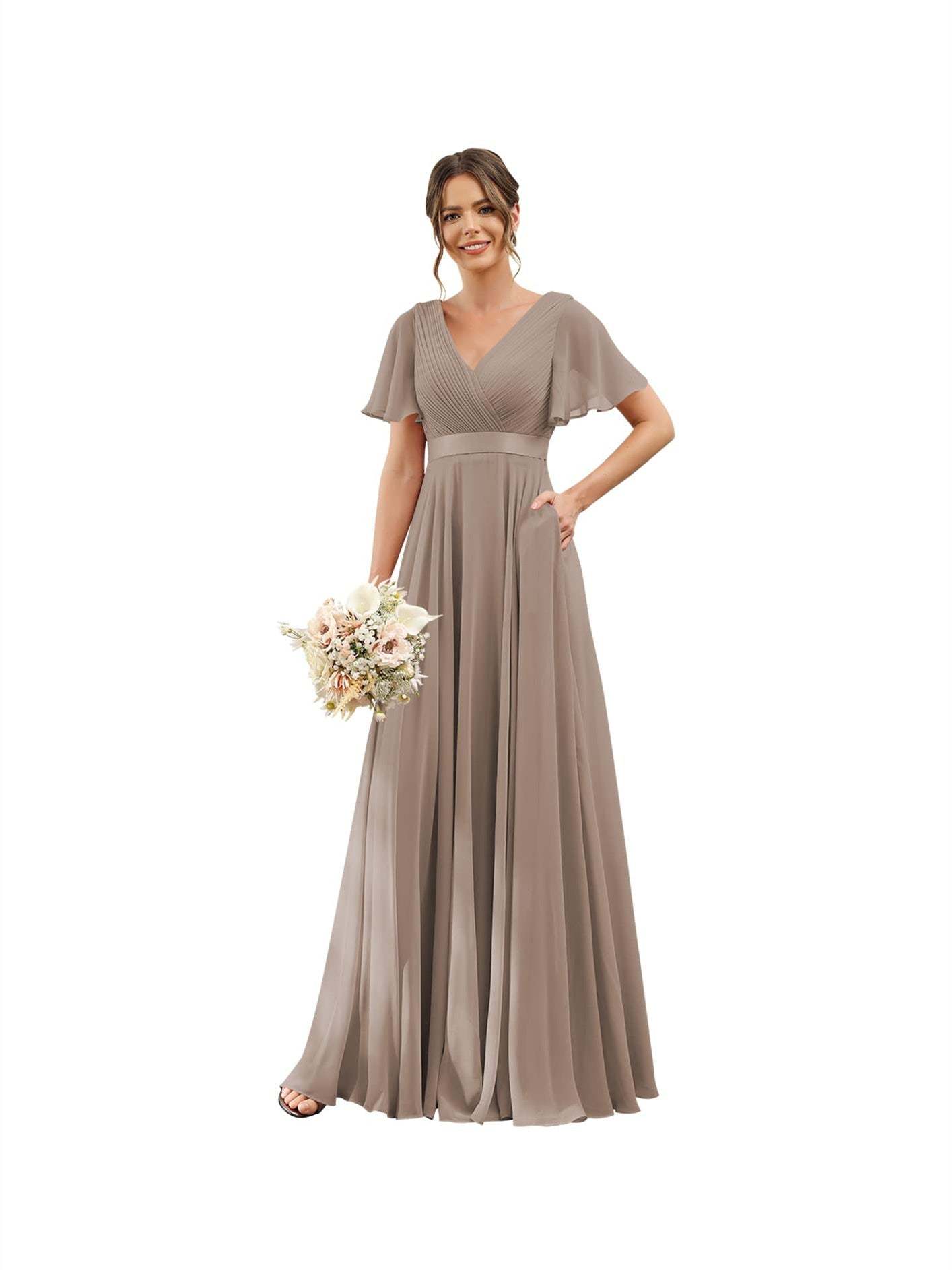 Floor-Length Chiffon Bridesmaid Dresses with V Neck, Flutter Sleeves, and Pockets in A-Line Ruched Design-BMbridal.UK