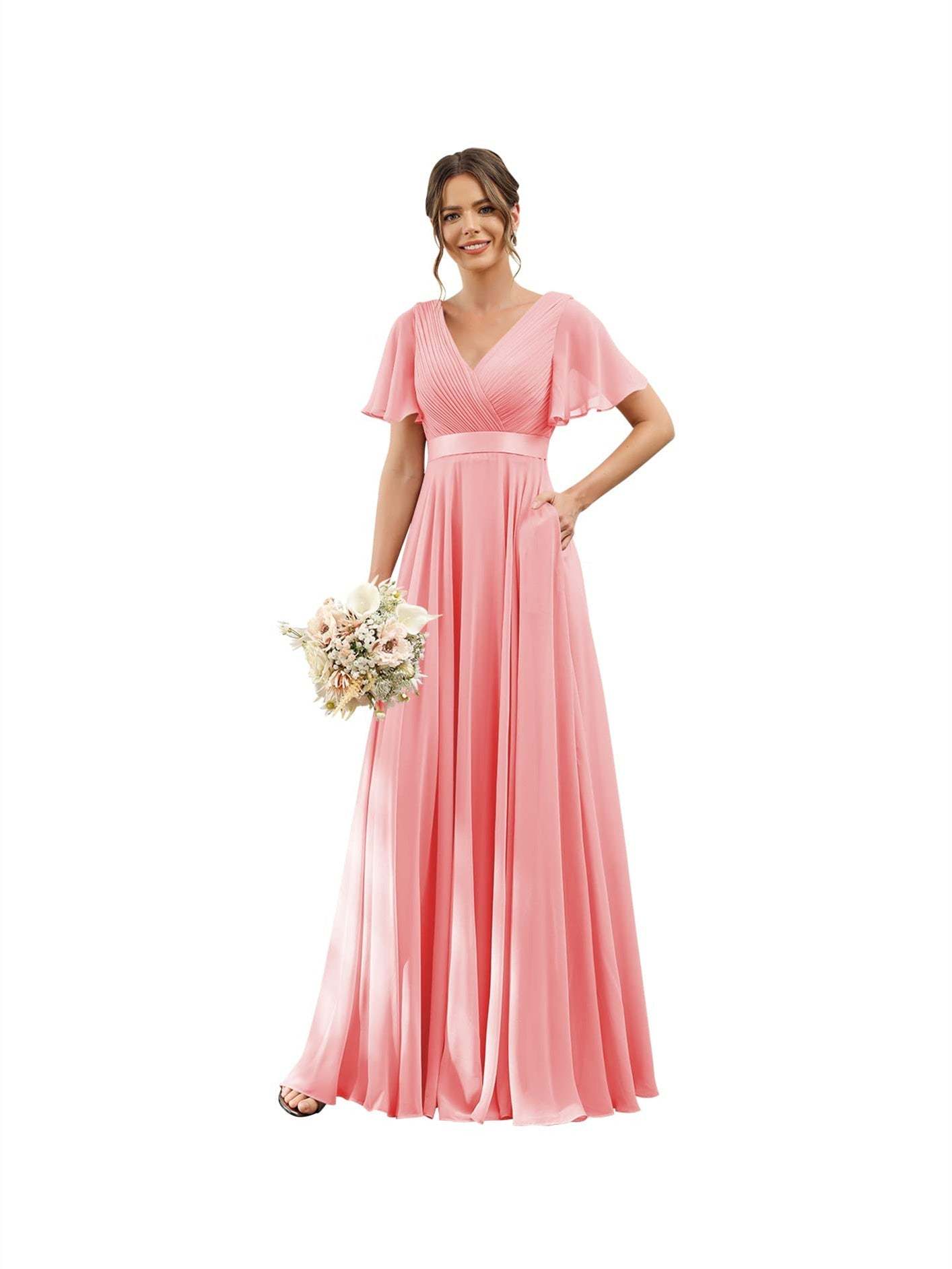 Floor-Length Chiffon Bridesmaid Dresses with V Neck, Flutter Sleeves, and Pockets in A-Line Ruched Design-BMbridal.UK