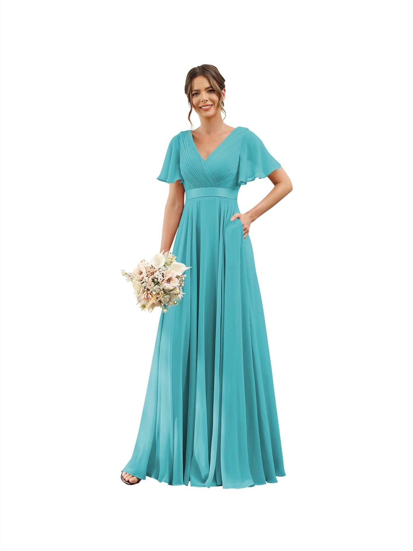 Floor-Length Chiffon Bridesmaid Dresses with V Neck, Flutter Sleeves, and Pockets in A-Line Ruched Design-BMbridal.UK