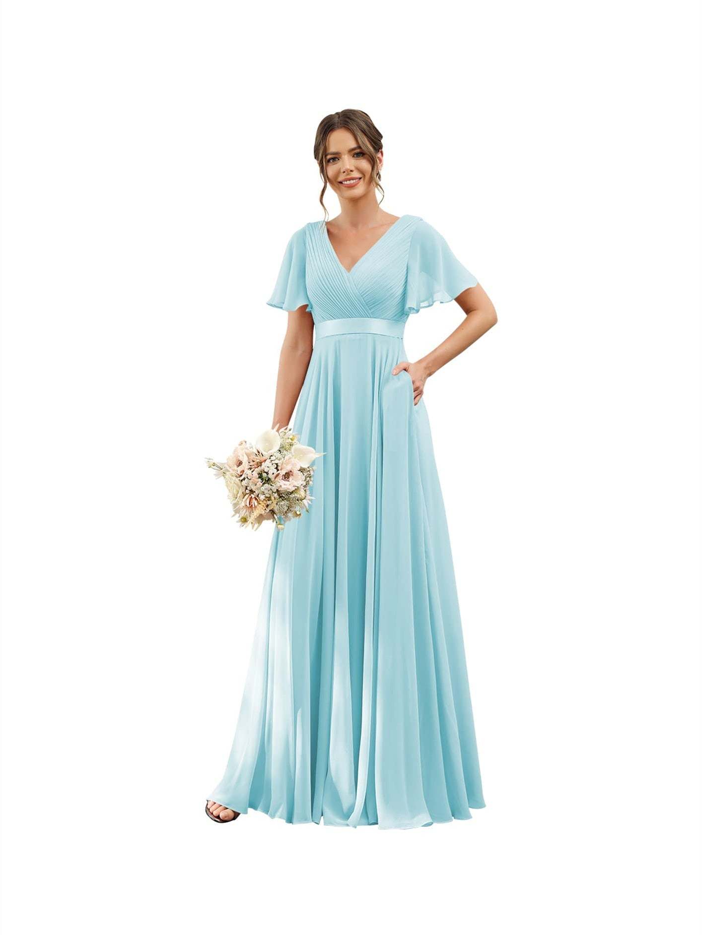 Floor-Length Chiffon Bridesmaid Dresses with V Neck, Flutter Sleeves, and Pockets in A-Line Ruched Design-BMbridal.UK
