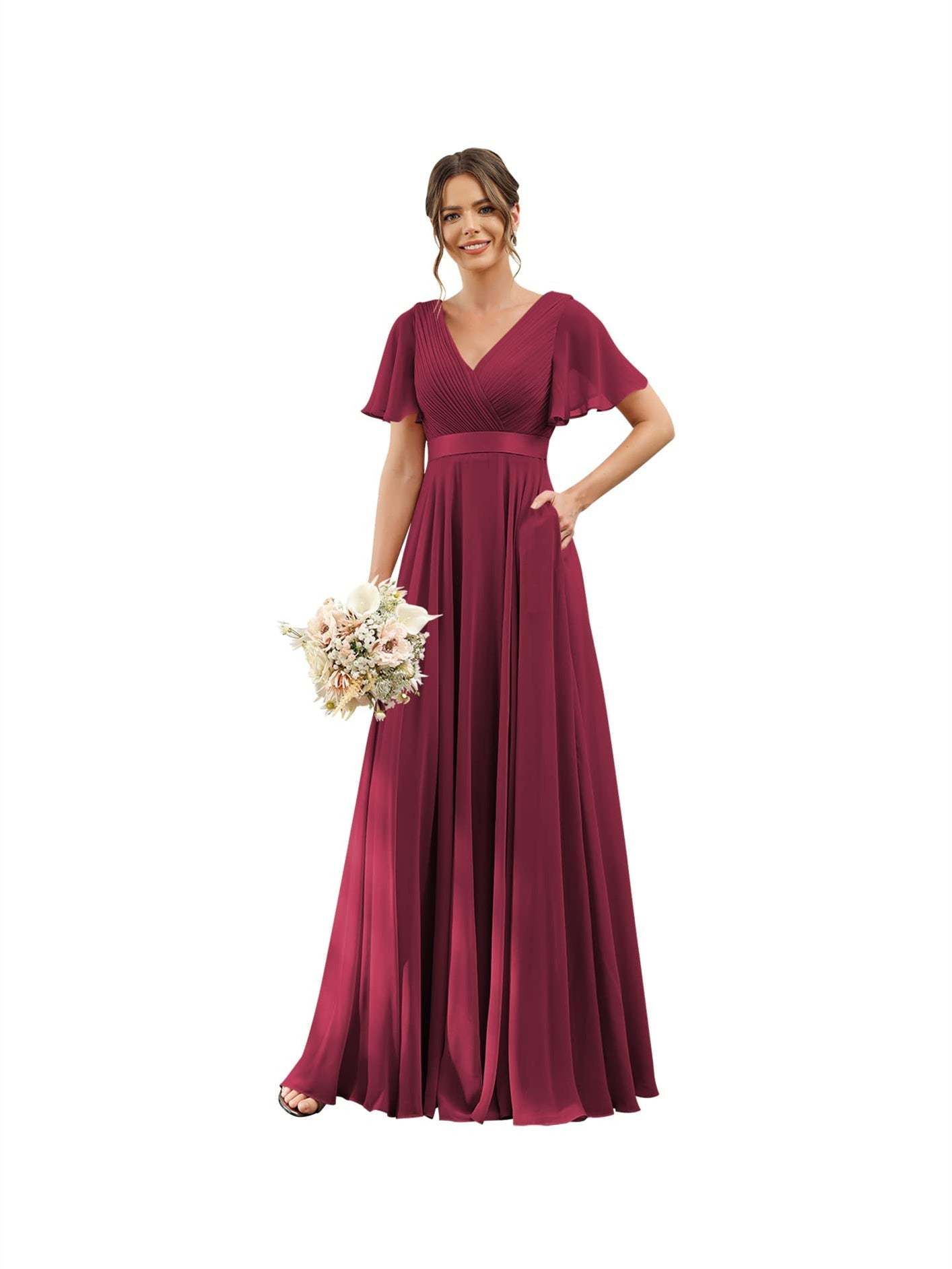 Floor-Length Chiffon Bridesmaid Dresses with V Neck, Flutter Sleeves, and Pockets in A-Line Ruched Design-BMbridal.UK