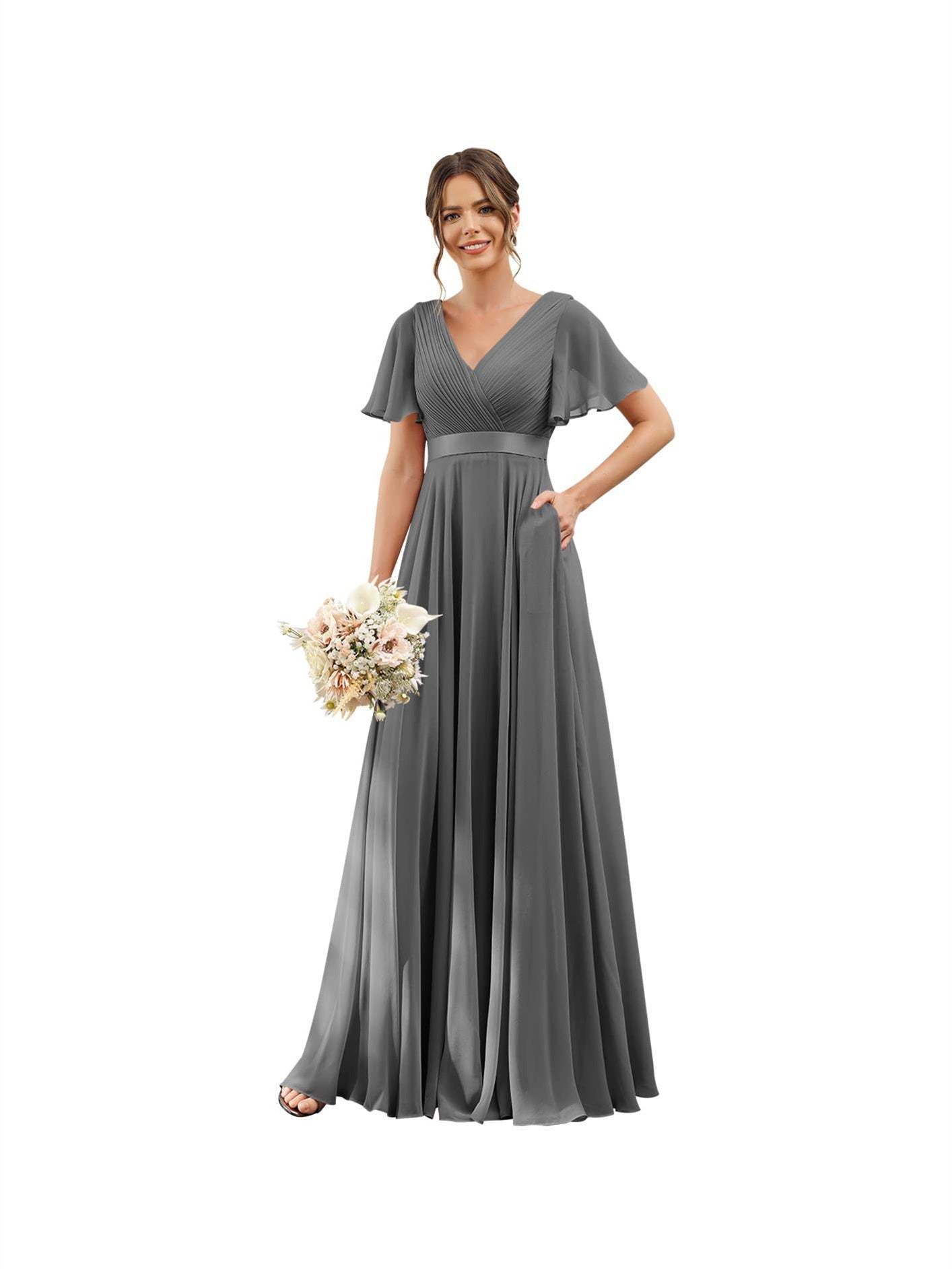 Floor-Length Chiffon Bridesmaid Dresses with V Neck, Flutter Sleeves, and Pockets in A-Line Ruched Design-BMbridal.UK