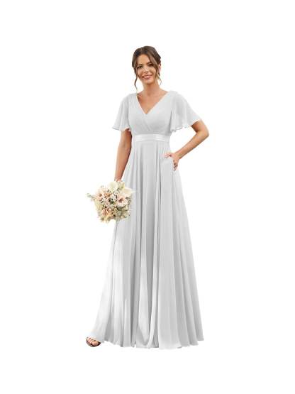 Floor-Length Chiffon Bridesmaid Dresses with V Neck, Flutter Sleeves, and Pockets in A-Line Ruched Design-BMbridal.UK