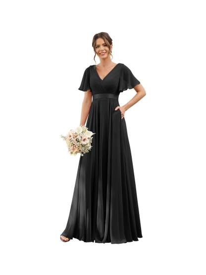 Floor-Length Chiffon Bridesmaid Dresses with V Neck, Flutter Sleeves, and Pockets in A-Line Ruched Design-BMbridal.UK
