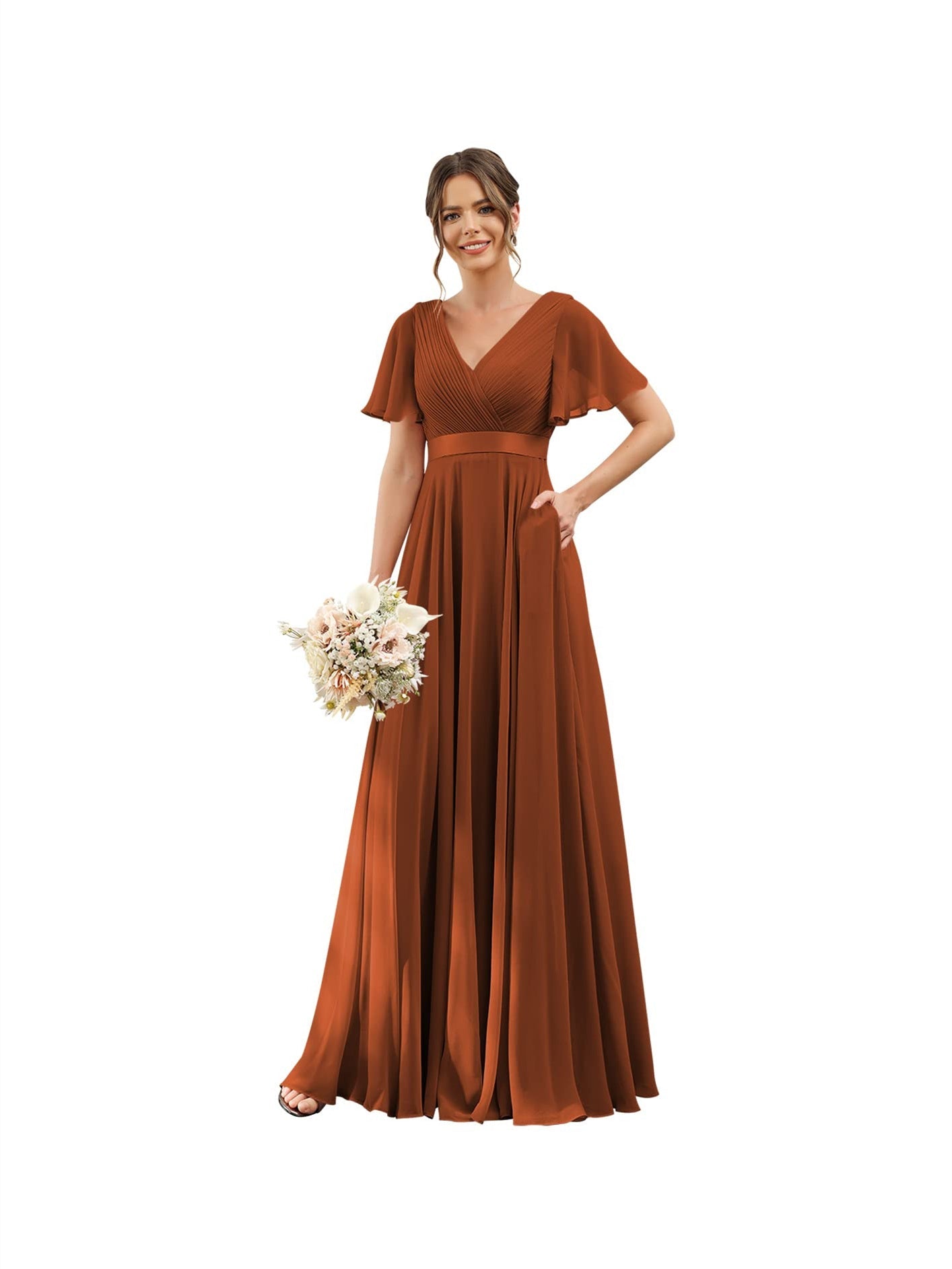 Floor-Length Chiffon Bridesmaid Dresses with V Neck, Flutter Sleeves, and Pockets in A-Line Ruched Design-BMbridal.UK