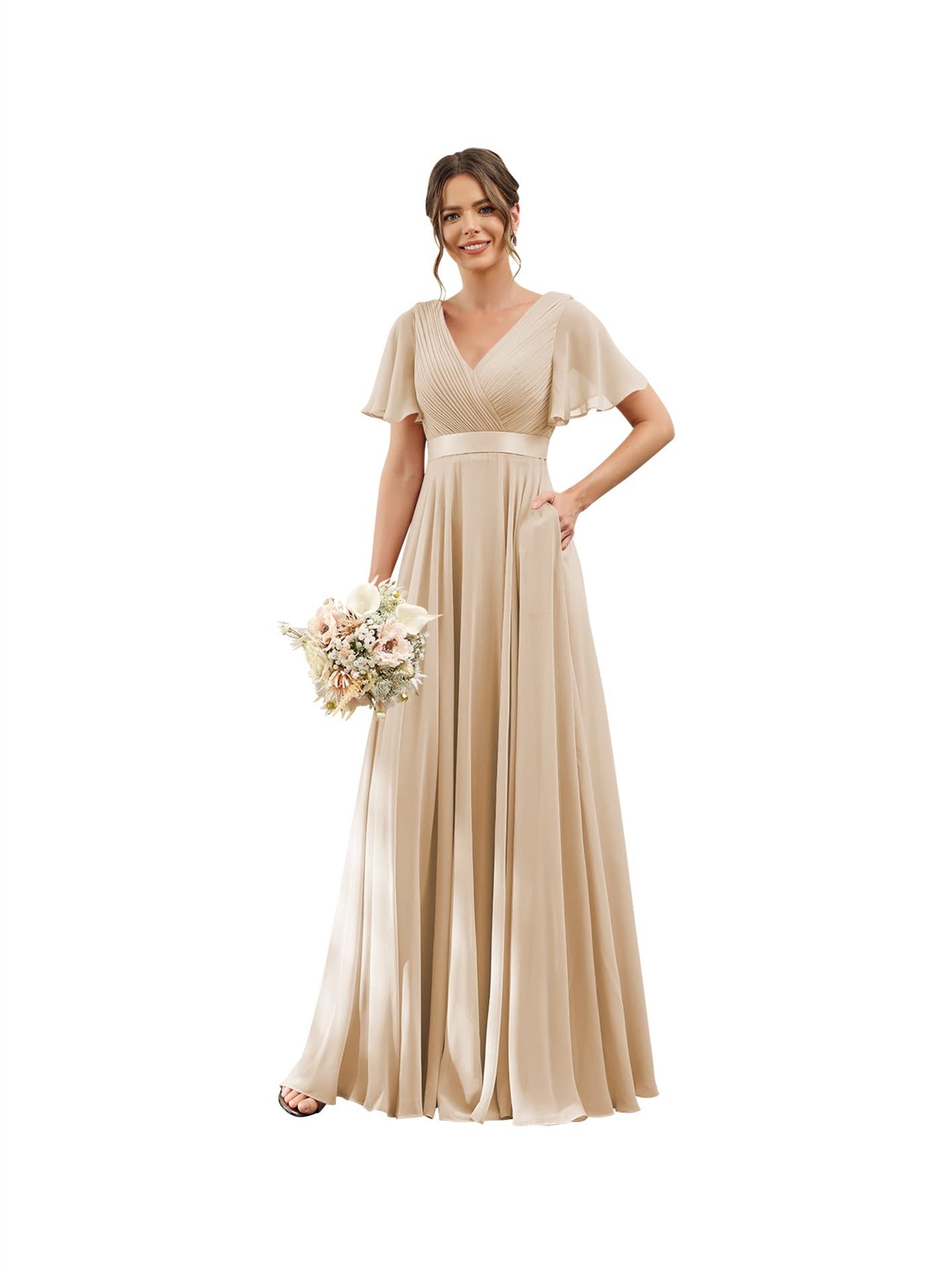 Floor-Length Chiffon Bridesmaid Dresses with V Neck, Flutter Sleeves, and Pockets in A-Line Ruched Design-BMbridal.UK