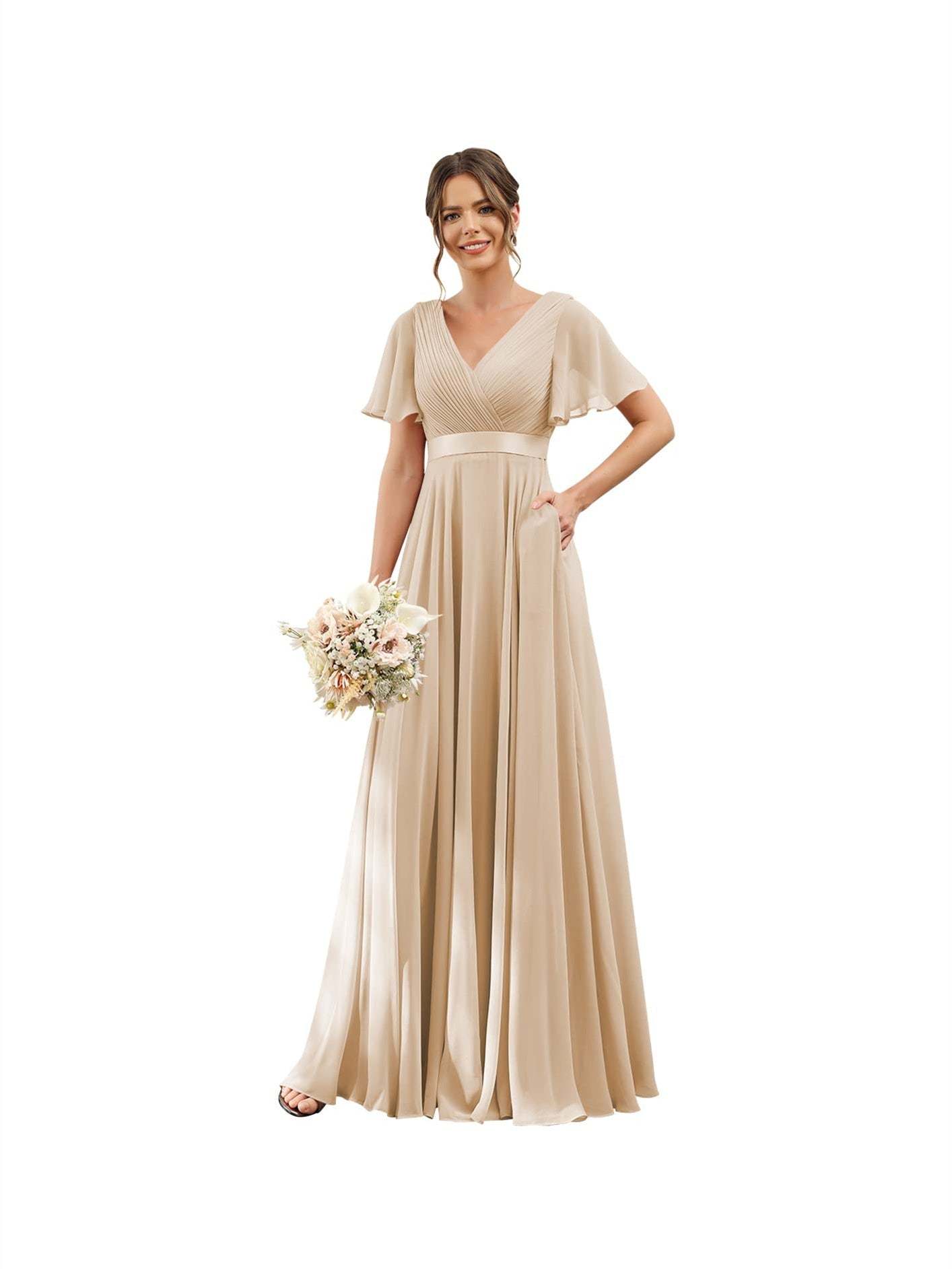 Floor-Length Chiffon Bridesmaid Dresses with V Neck, Flutter Sleeves, and Pockets in A-Line Ruched Design-BMbridal.UK