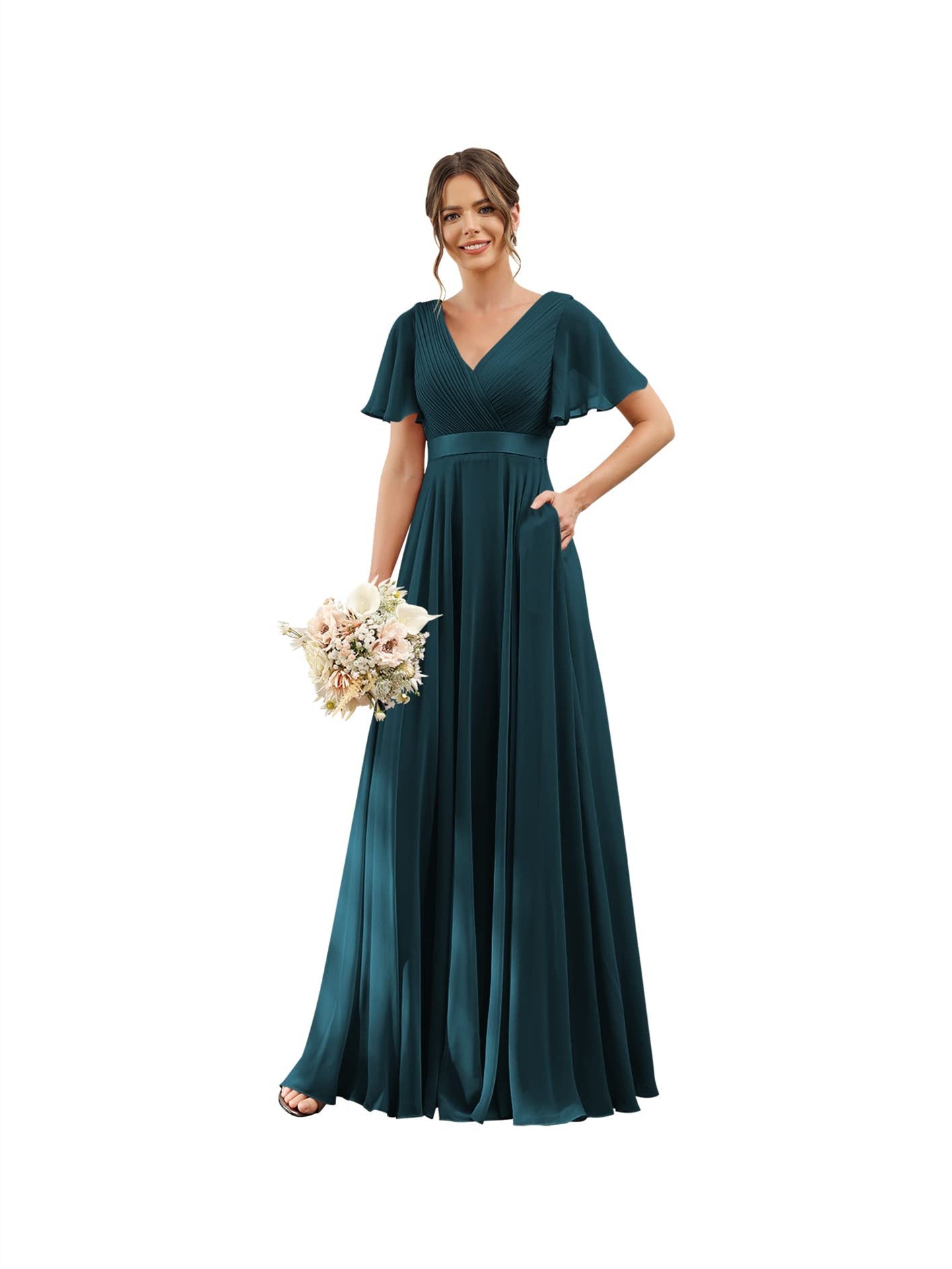 Floor-Length Chiffon Bridesmaid Dresses with V Neck, Flutter Sleeves, and Pockets in A-Line Ruched Design-BMbridal.UK