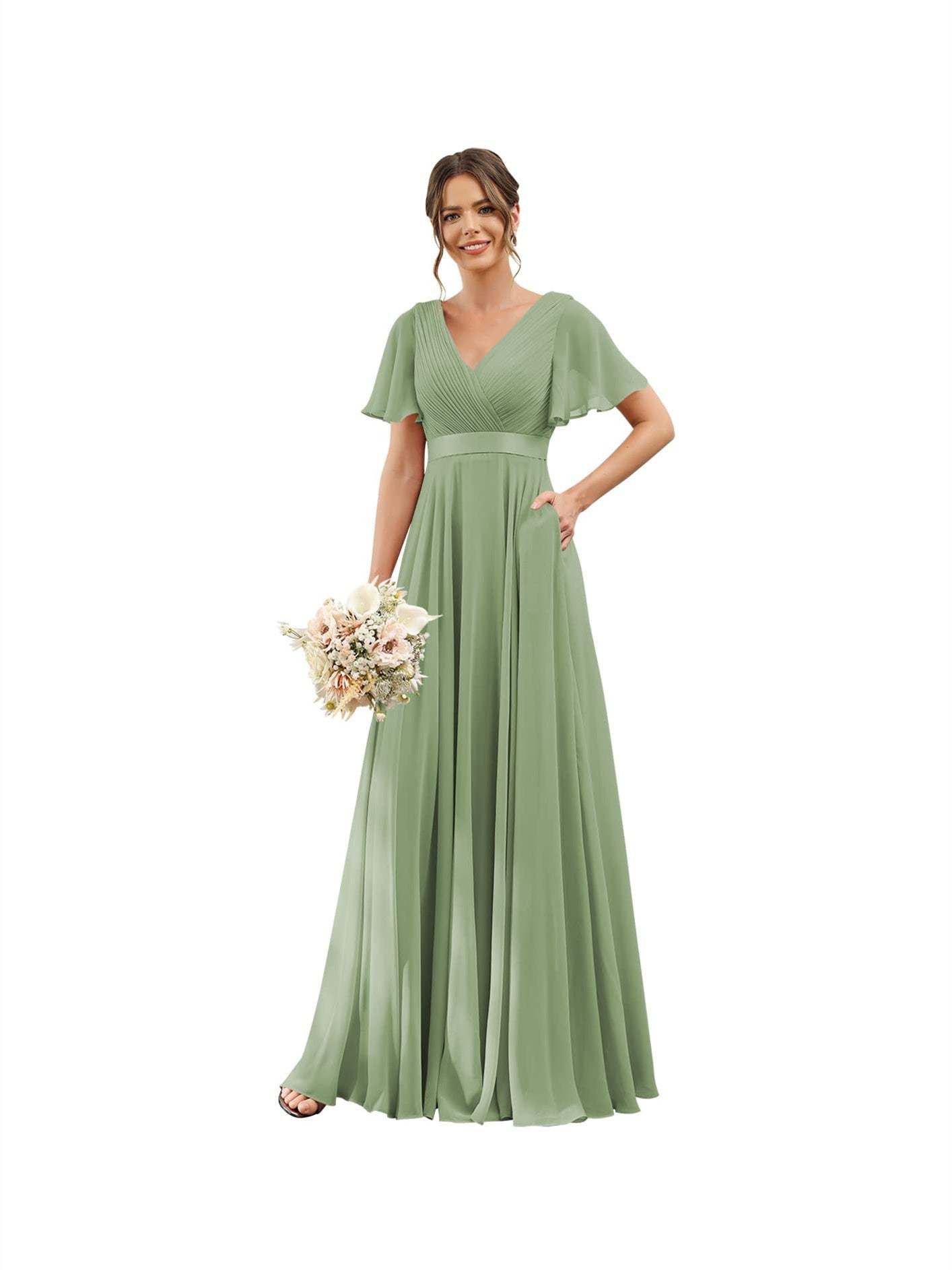 Floor-Length Chiffon Bridesmaid Dresses with V Neck, Flutter Sleeves, and Pockets in A-Line Ruched Design-BMbridal.UK