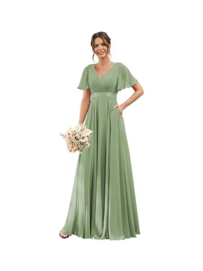 Floor-Length Chiffon Bridesmaid Dresses with V Neck, Flutter Sleeves, and Pockets in A-Line Ruched Design-BMbridal.UK