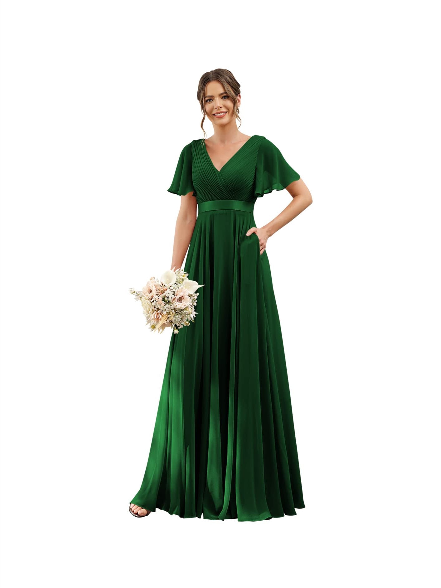 Floor-Length Chiffon Bridesmaid Dresses with V Neck, Flutter Sleeves, and Pockets in A-Line Ruched Design-BMbridal.UK