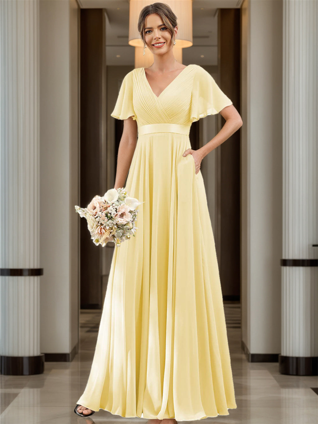 Floor-Length Chiffon Bridesmaid Dresses with V Neck, Flutter Sleeves, and Pockets in A-Line Ruched Design-BMbridal.UK