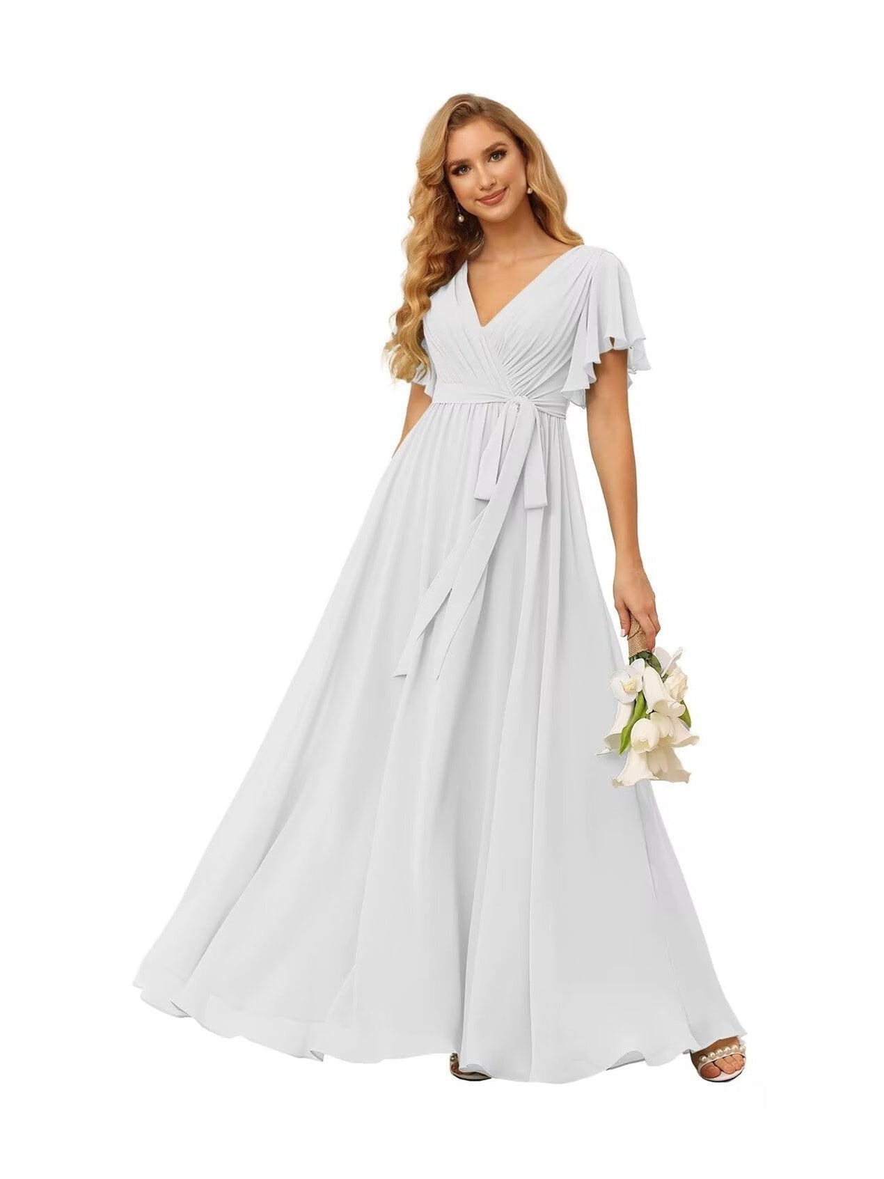 Chiffon Floor-Length A-Line Bridesmaid Dress with V Neck, Short Sleeves, and Ruffled Bows