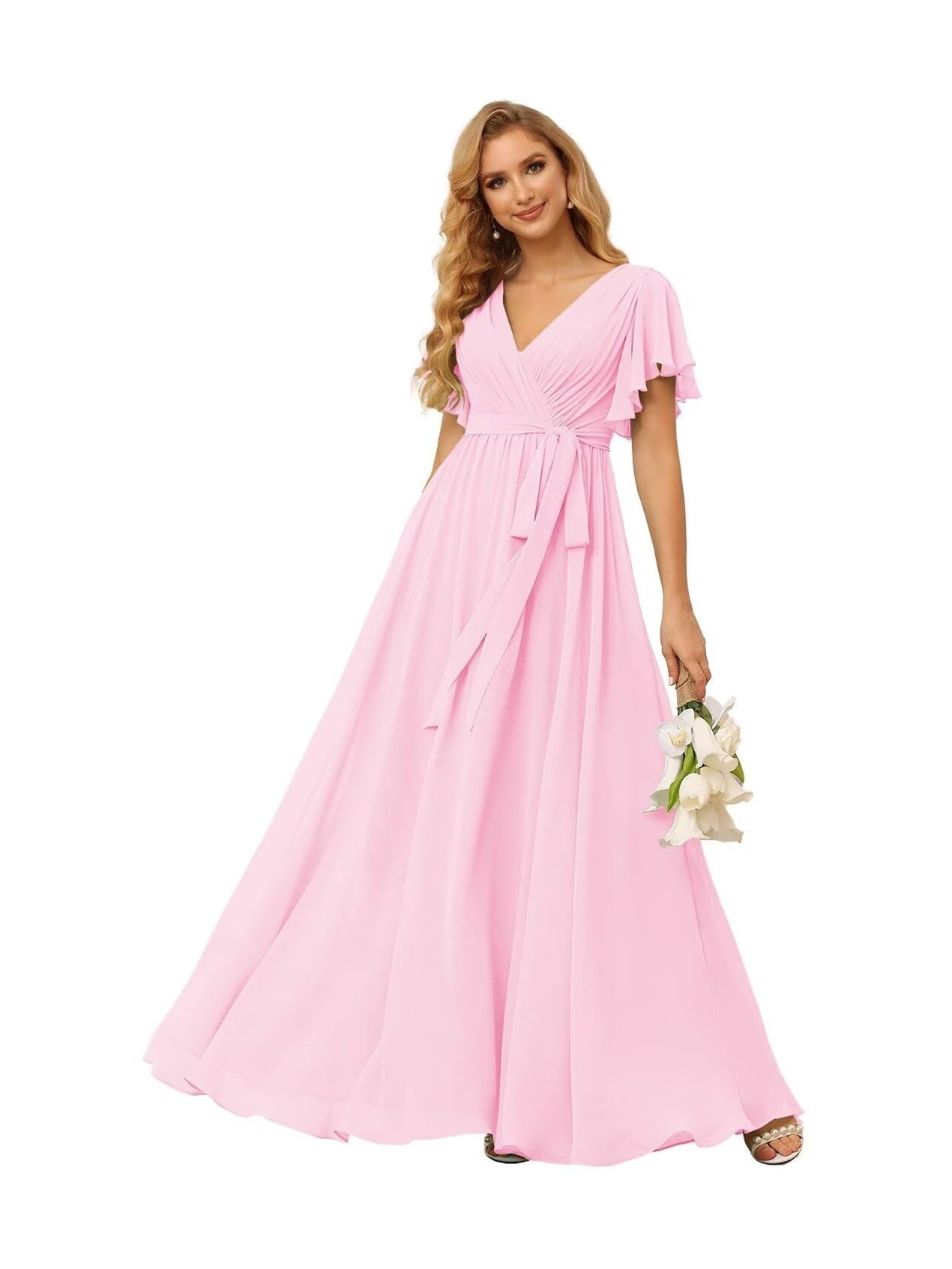 Chiffon Floor-Length A-Line Bridesmaid Dress with V Neck, Short Sleeves, and Ruffled Bows