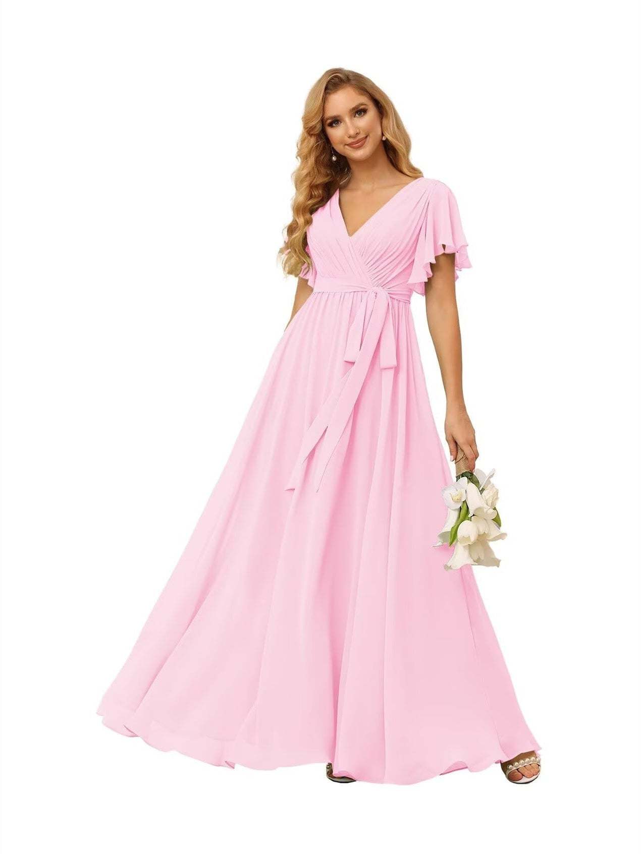 Chiffon Floor-Length A-Line Bridesmaid Dress with V Neck, Short Sleeves, and Ruffled Bows