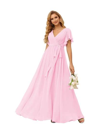 Chiffon Floor-Length A-Line Bridesmaid Dress with V Neck, Short Sleeves, and Ruffled Bows