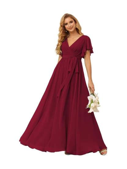 Chiffon Floor-Length A-Line Bridesmaid Dress with V Neck, Short Sleeves, and Ruffled Bows