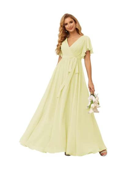 Chiffon Floor-Length A-Line Bridesmaid Dress with V Neck, Short Sleeves, and Ruffled Bows