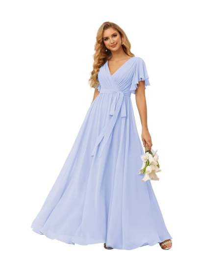 Chiffon Floor-Length A-Line Bridesmaid Dress with V Neck, Short Sleeves, and Ruffled Bows
