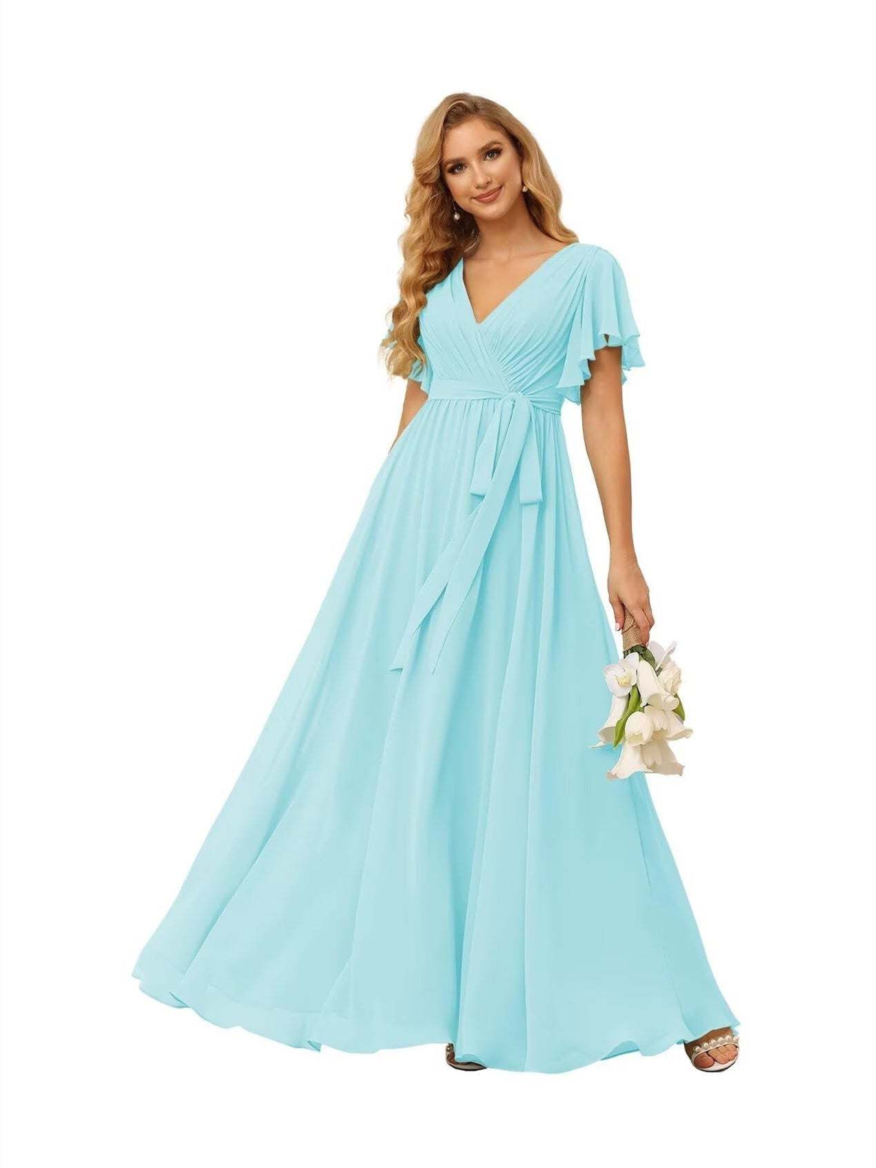Chiffon Floor-Length A-Line Bridesmaid Dress with V Neck, Short Sleeves, and Ruffled Bows