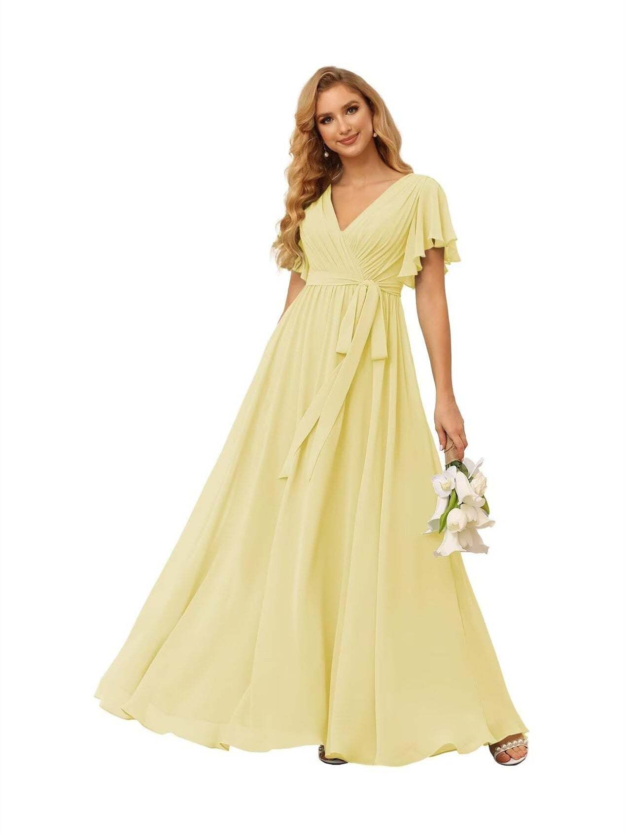 Chiffon Floor-Length A-Line Bridesmaid Dress with V Neck, Short Sleeves, and Ruffled Bows