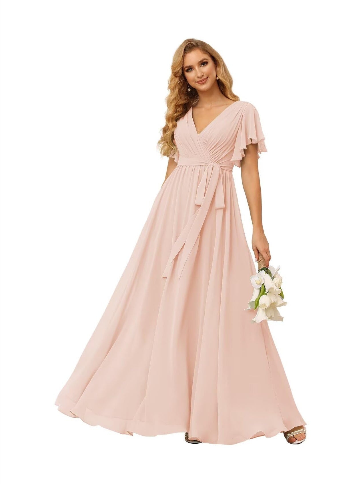 Chiffon Floor-Length A-Line Bridesmaid Dress with V Neck, Short Sleeves, and Ruffled Bows