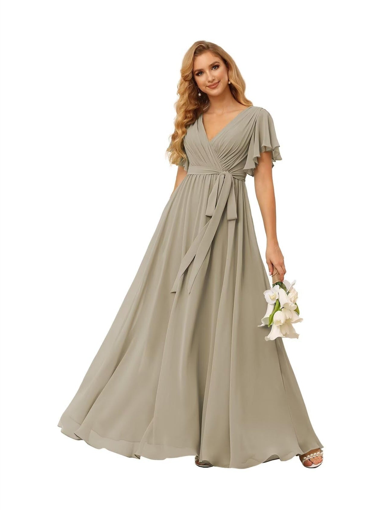 Chiffon Floor-Length A-Line Bridesmaid Dress with V Neck, Short Sleeves, and Ruffled Bows