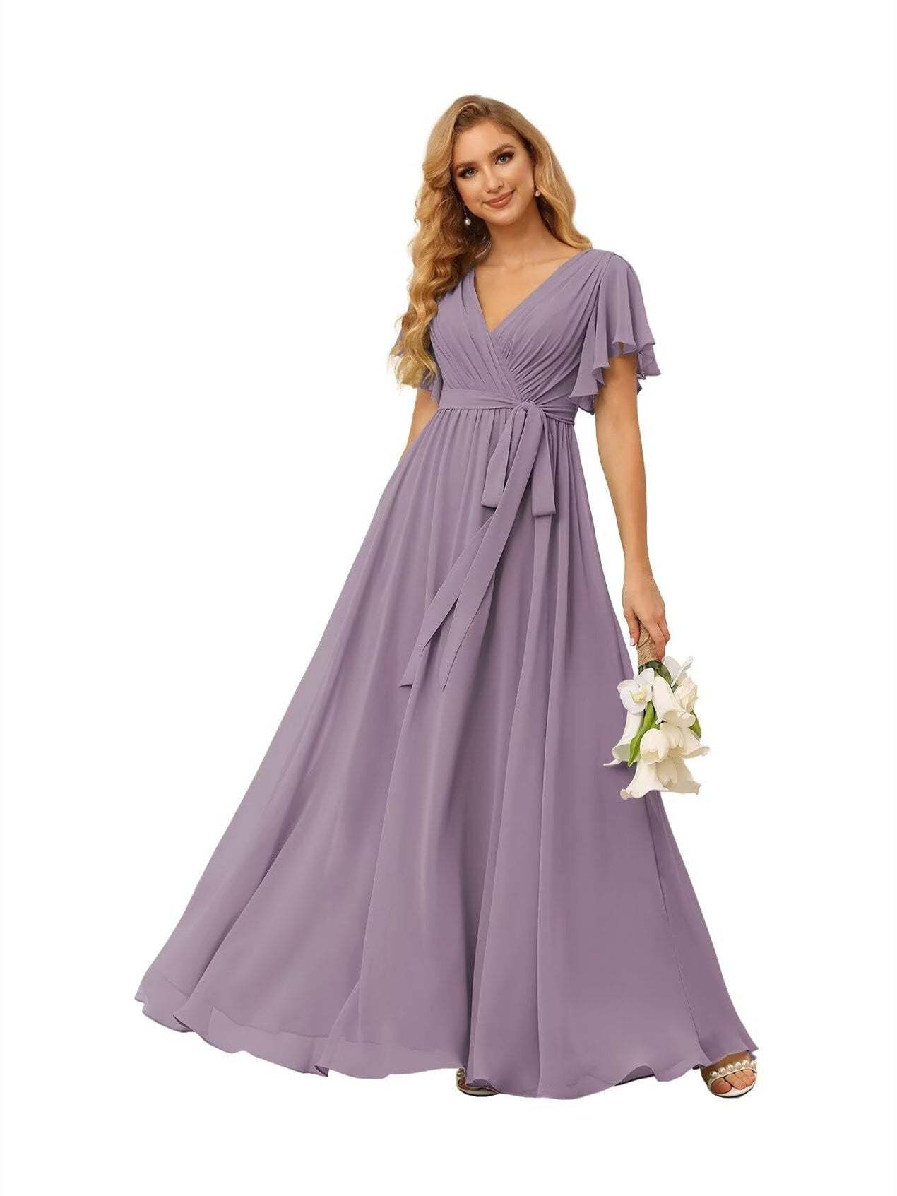 Chiffon Floor-Length A-Line Bridesmaid Dress with V Neck, Short Sleeves, and Ruffled Bows