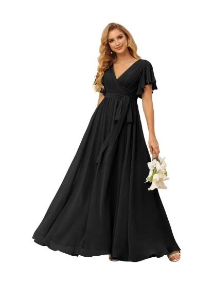Chiffon Floor-Length A-Line Bridesmaid Dress with V Neck, Short Sleeves, and Ruffled Bows