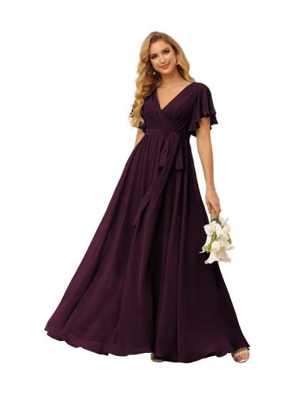 Chiffon Floor-Length A-Line Bridesmaid Dress with V Neck, Short Sleeves, and Ruffled Bows