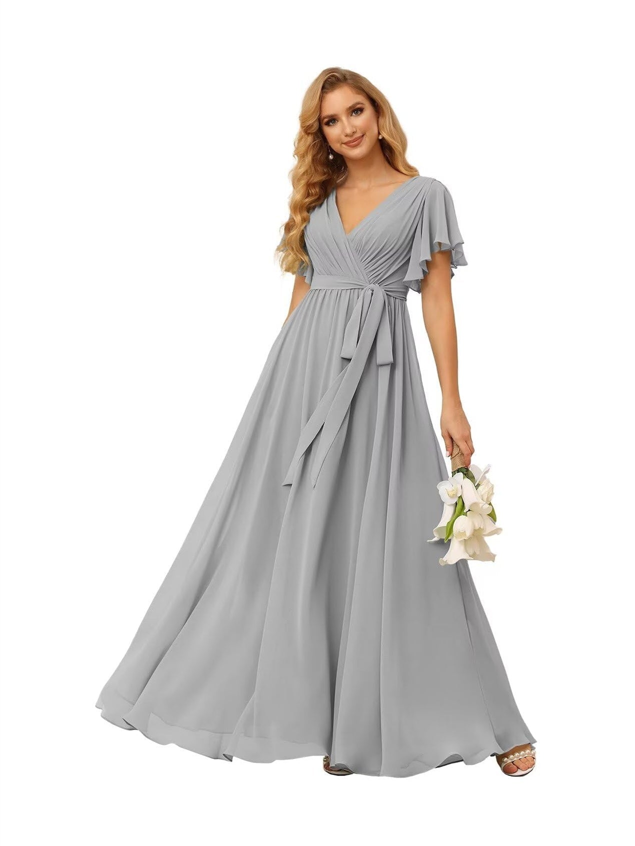 Chiffon Floor-Length A-Line Bridesmaid Dress with V Neck, Short Sleeves, and Ruffled Bows
