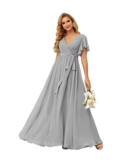 Chiffon Floor-Length A-Line Bridesmaid Dress with V Neck, Short Sleeves, and Ruffled Bows