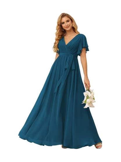 Chiffon Floor-Length A-Line Bridesmaid Dress with V Neck, Short Sleeves, and Ruffled Bows
