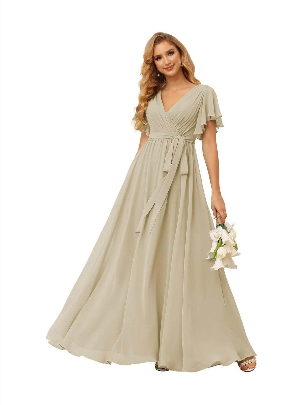 Chiffon Floor-Length A-Line Bridesmaid Dress with V Neck, Short Sleeves, and Ruffled Bows