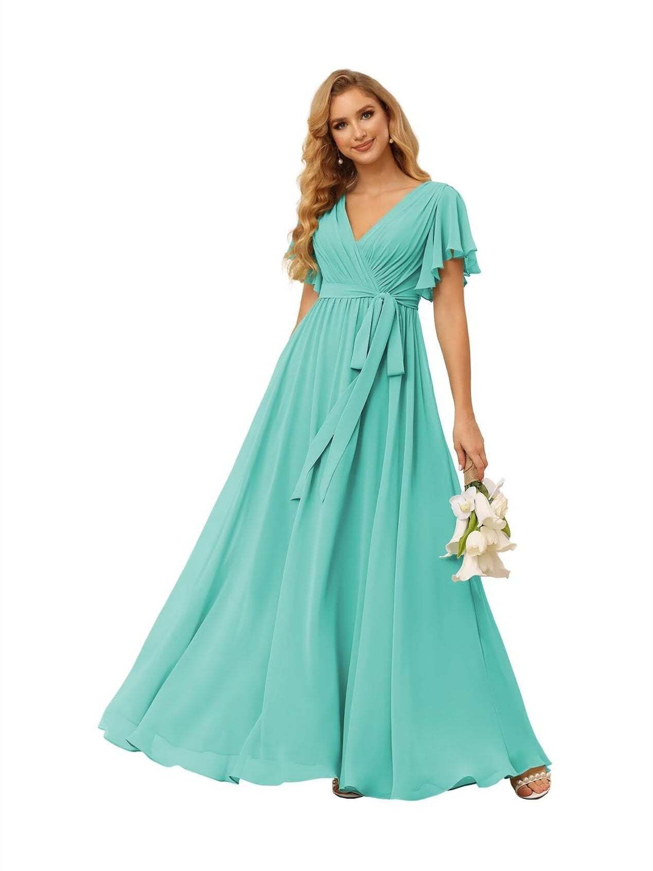 Chiffon Floor-Length A-Line Bridesmaid Dress with V Neck, Short Sleeves, and Ruffled Bows