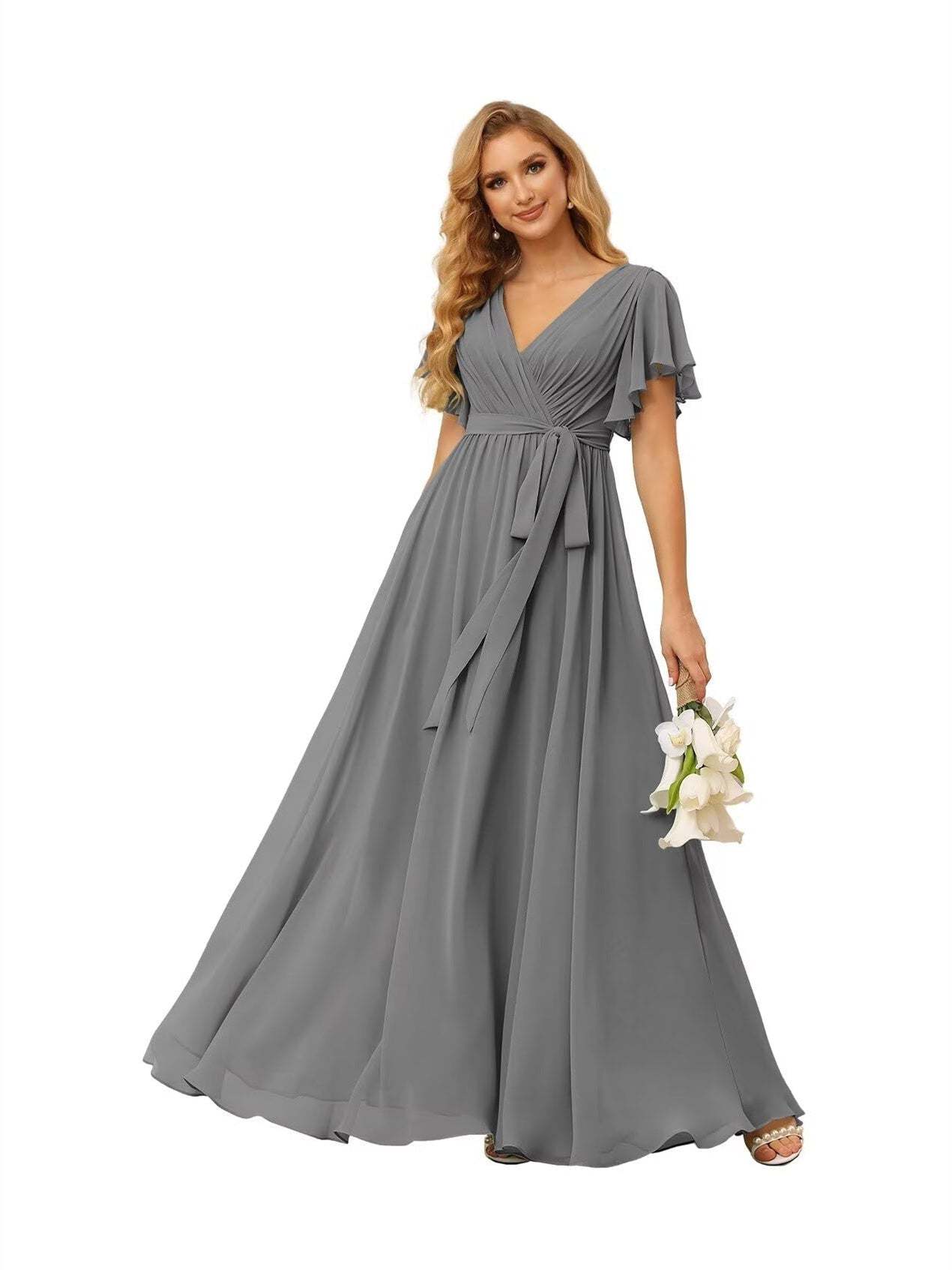 Chiffon Floor-Length A-Line Bridesmaid Dress with V Neck, Short Sleeves, and Ruffled Bows