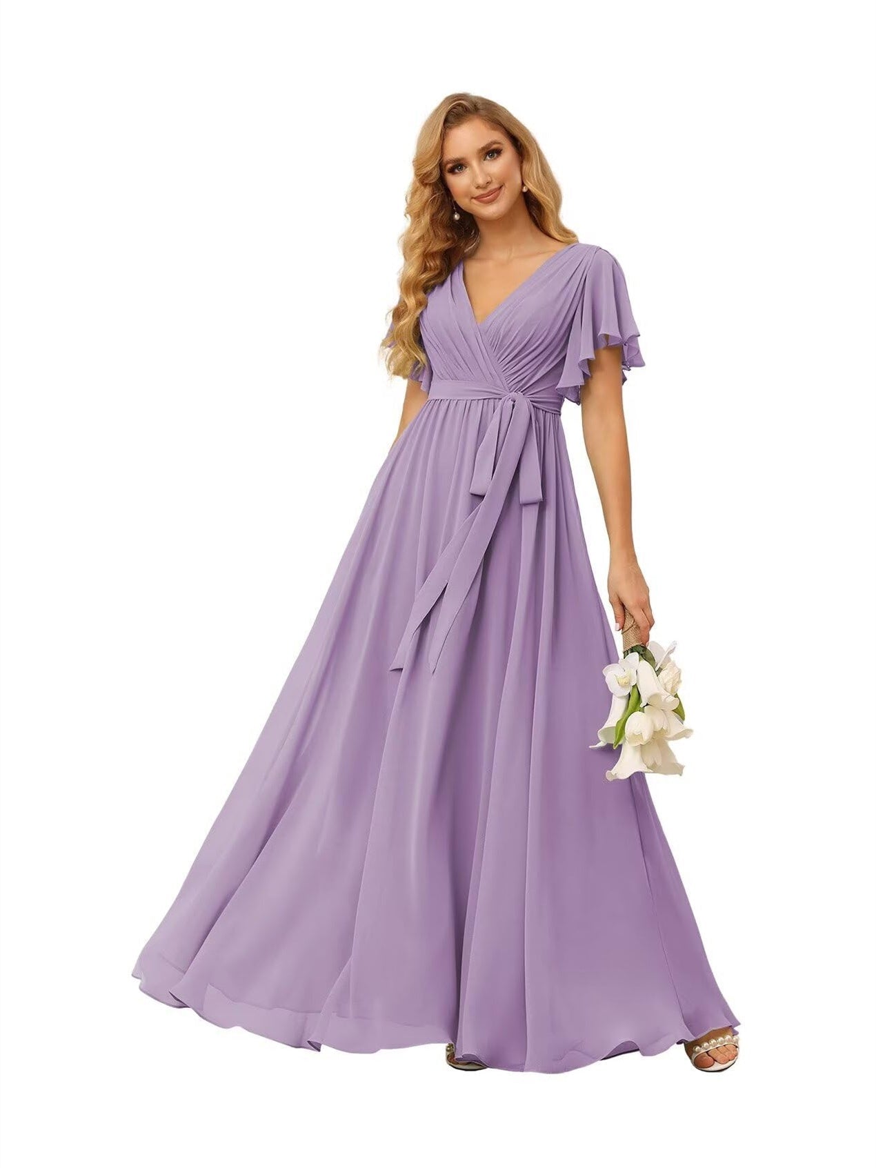 Chiffon Floor-Length A-Line Bridesmaid Dress with V Neck, Short Sleeves, and Ruffled Bows