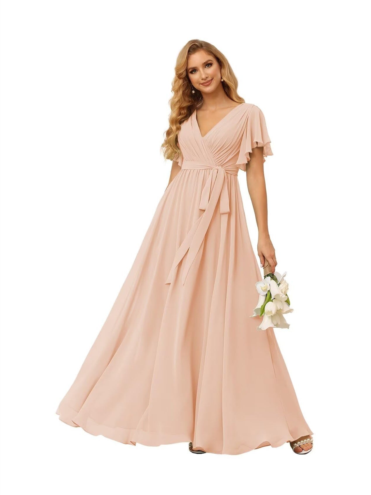 Chiffon Floor-Length A-Line Bridesmaid Dress with V Neck, Short Sleeves, and Ruffled Bows