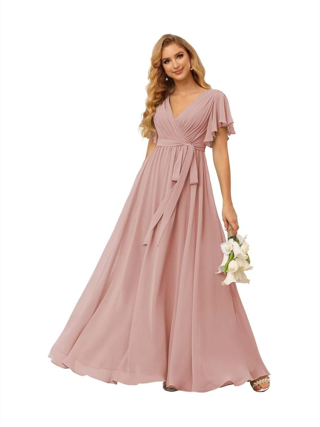 Chiffon Floor-Length A-Line Bridesmaid Dress with V Neck, Short Sleeves, and Ruffled Bows