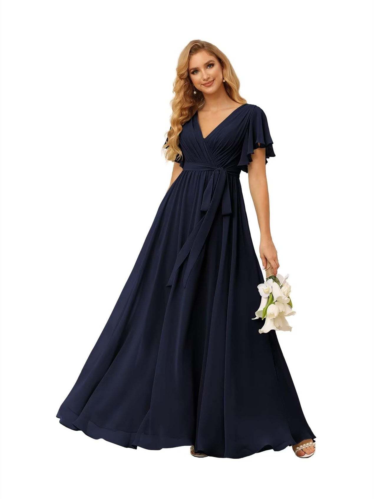 Chiffon Floor-Length A-Line Bridesmaid Dress with V Neck, Short Sleeves, and Ruffled Bows