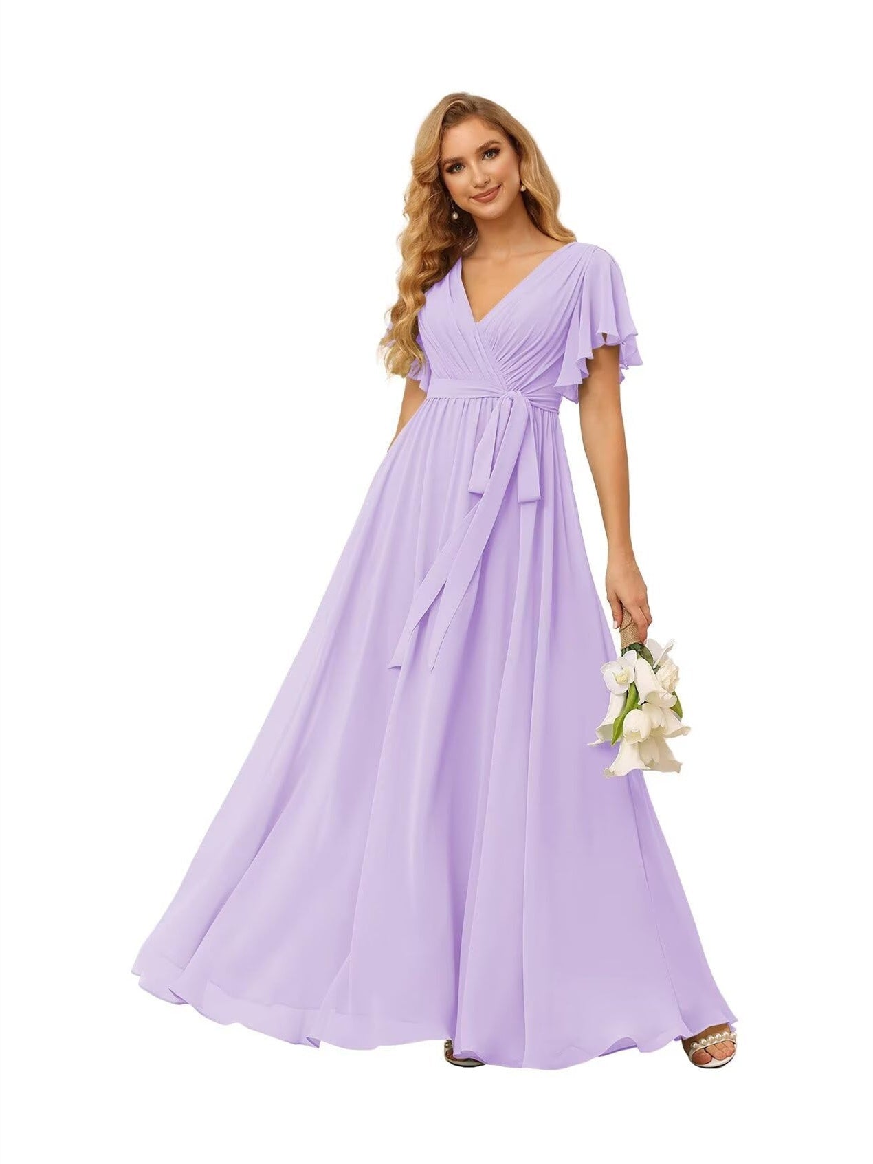 Chiffon Floor-Length A-Line Bridesmaid Dress with V Neck, Short Sleeves, and Ruffled Bows