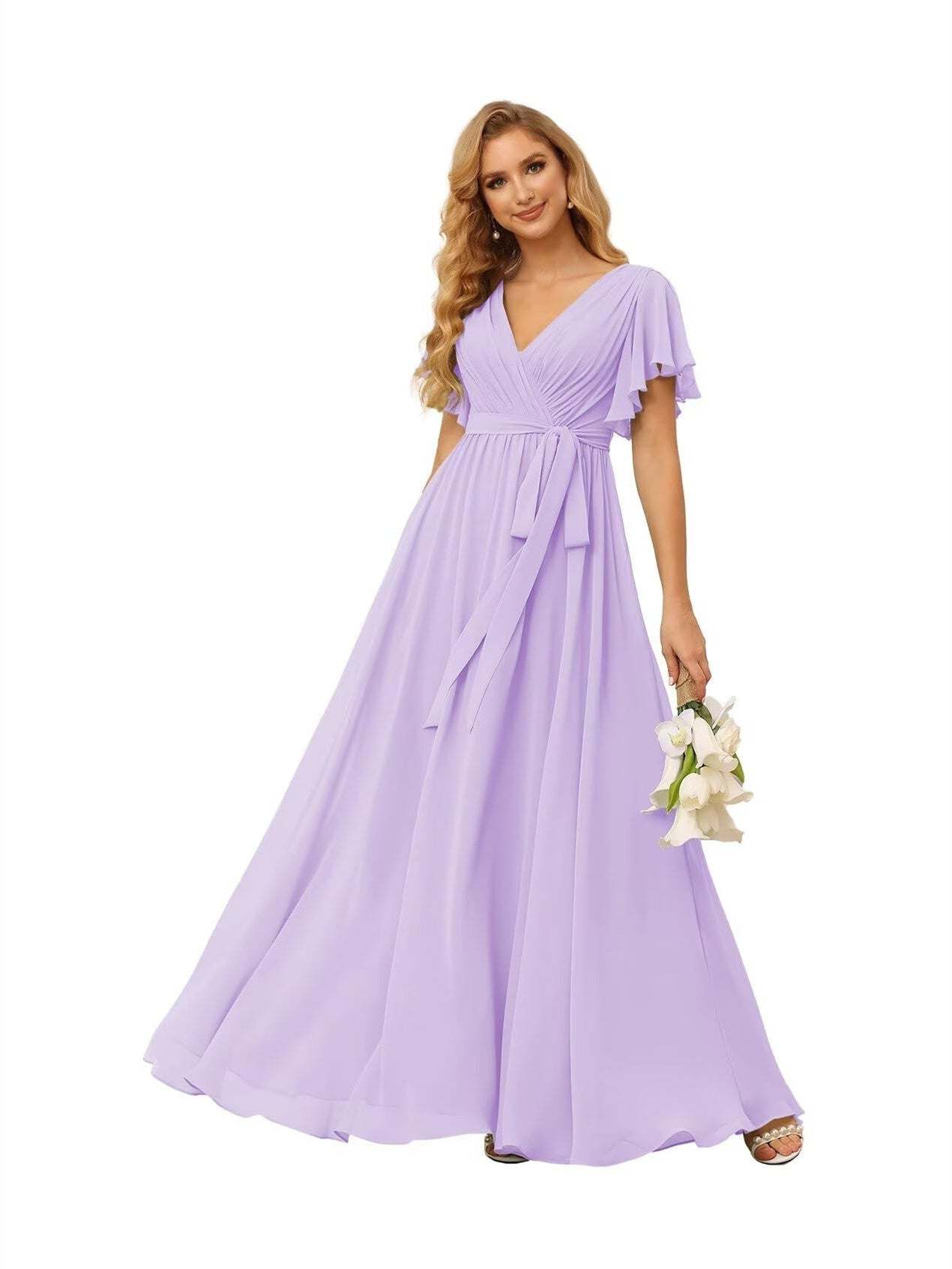 Chiffon Floor-Length A-Line Bridesmaid Dress with V Neck, Short Sleeves, and Ruffled Bows