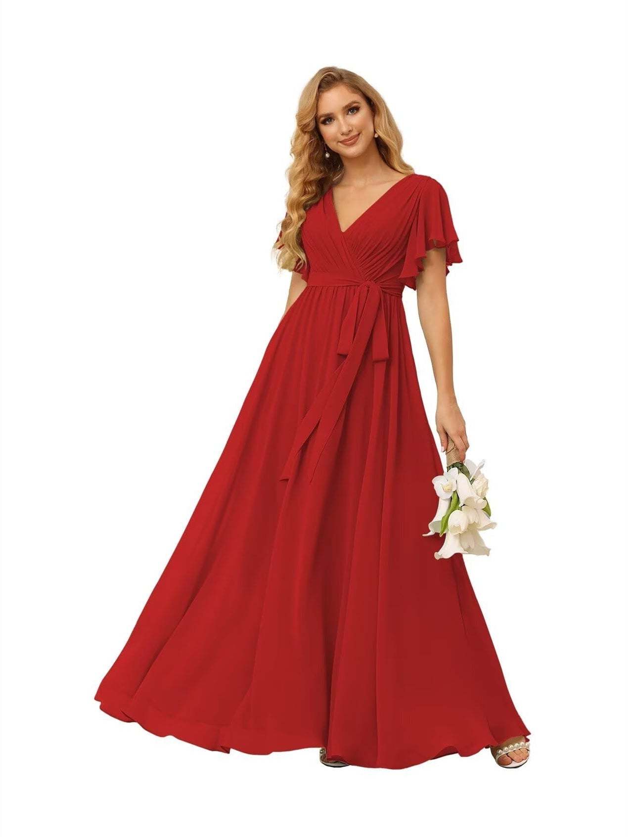 Chiffon Floor-Length A-Line Bridesmaid Dress with V Neck, Short Sleeves, and Ruffled Bows