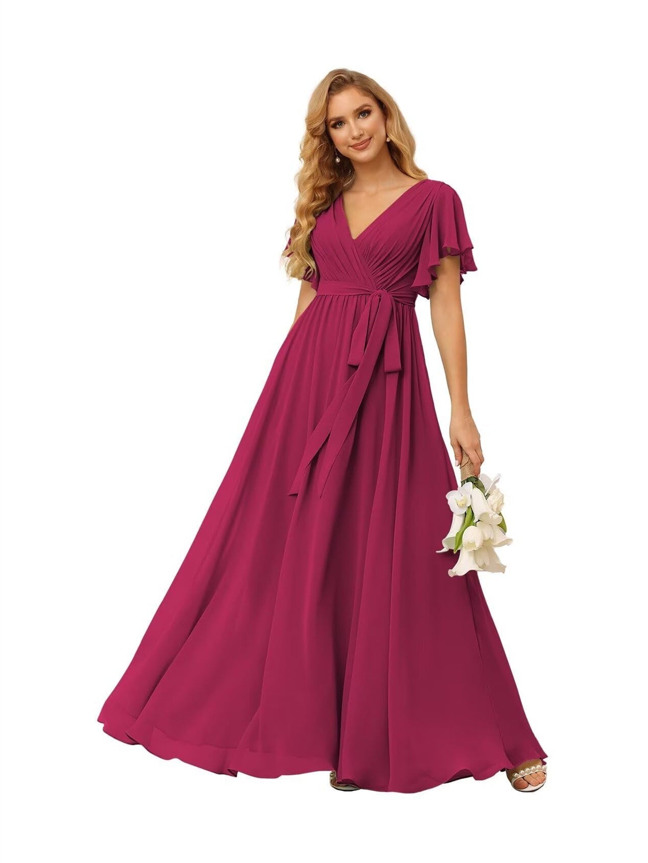 Chiffon Floor-Length A-Line Bridesmaid Dress with V Neck, Short Sleeves, and Ruffled Bows