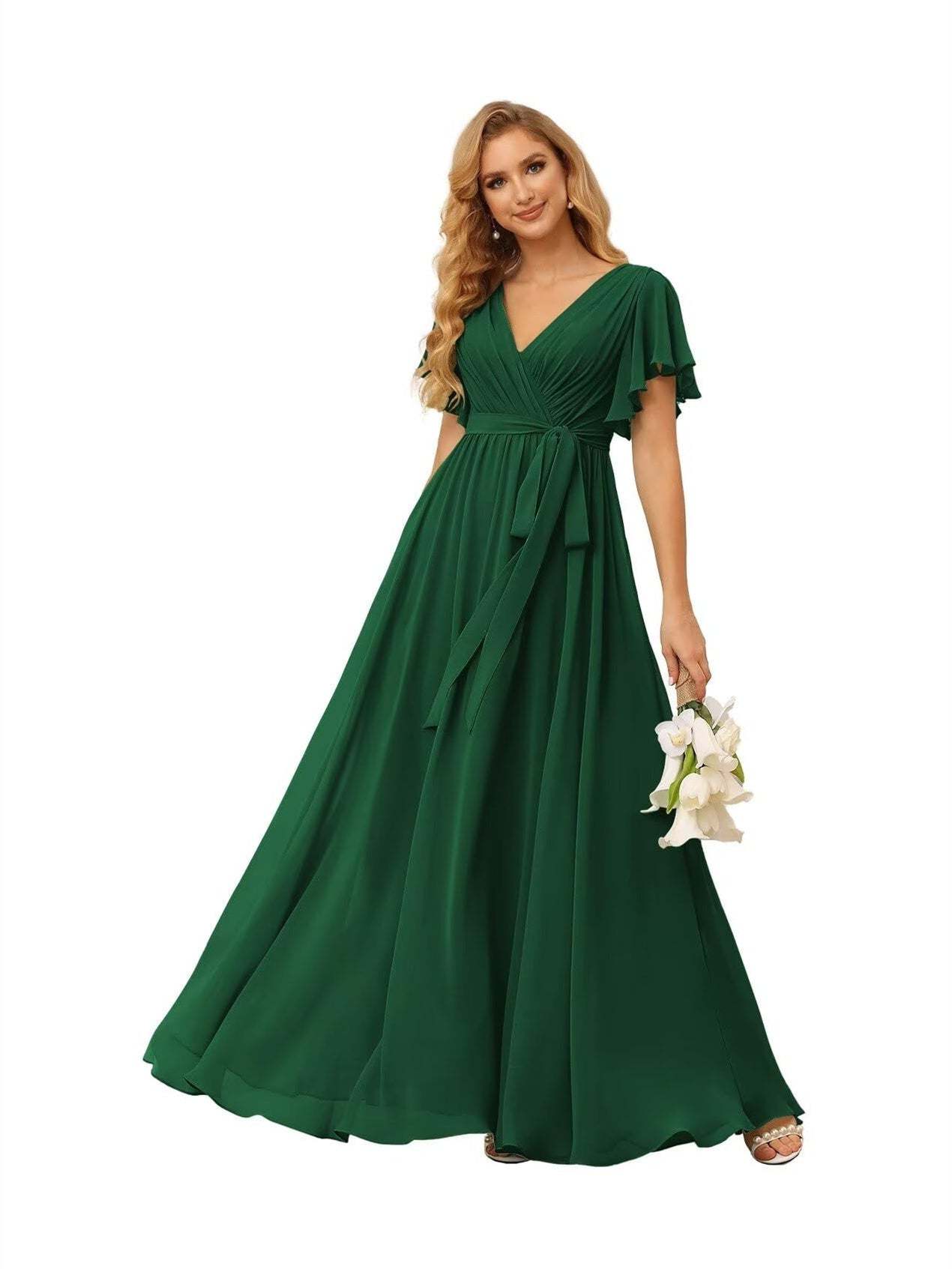 Chiffon Floor-Length A-Line Bridesmaid Dress with V Neck, Short Sleeves, and Ruffled Bows