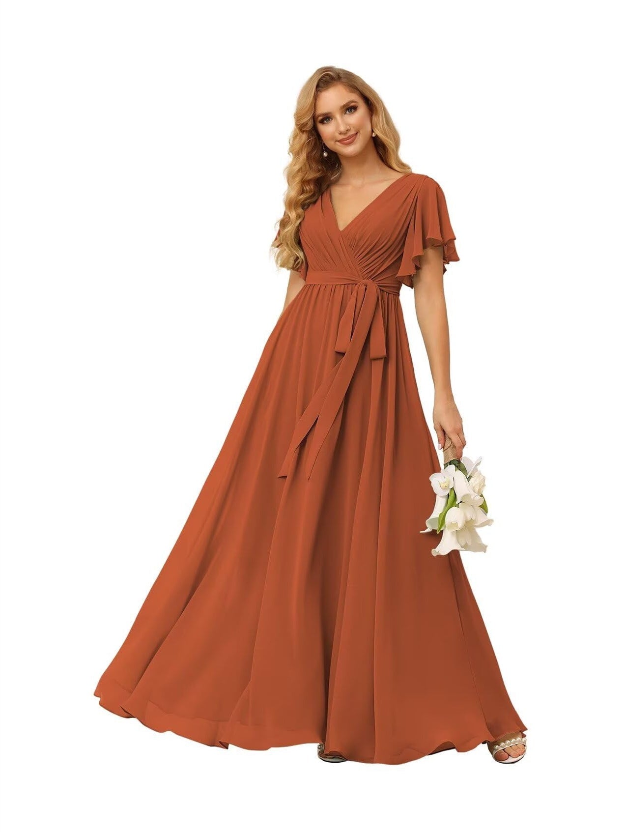 Chiffon Floor-Length A-Line Bridesmaid Dress with V Neck, Short Sleeves, and Ruffled Bows